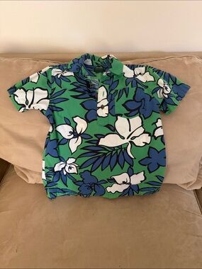Mini Boden Green Collared Button Top with Blue & White Tropical Floral Print